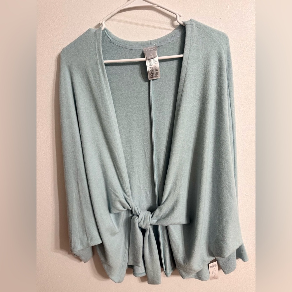 Chico's Soft Knit Cozy Tie Front Cardigan Top LS Fashion Knit -Iced Sage Sz L